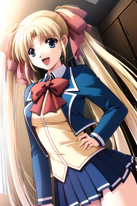 ((masterpiece, high quality, best quality)),
1girl, school uniform, long hair, blonde hair, twintails, hair ribbon, blue eyes, dutch angle, skirt, brown hair, very long hair, long sleeves, hand on hip, smile, open mouth,
<lora:kazue-style_v1.1:1.0>