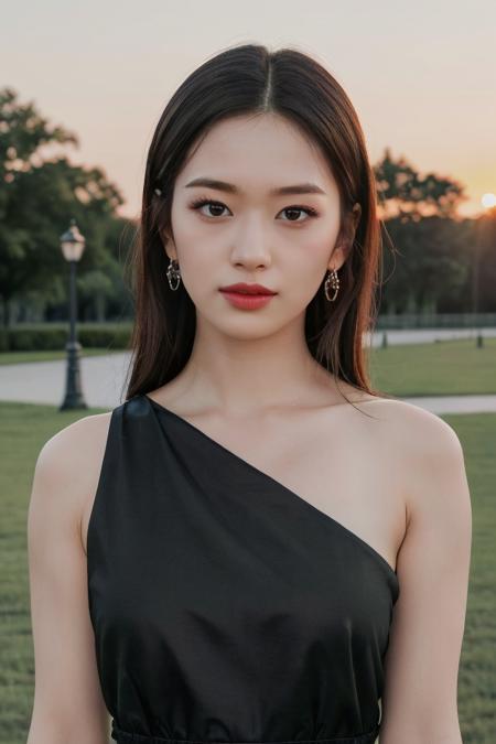 a woman, (photograph), masterpiece, (realistic), (hyperrealism), (photorealistic), (upper body:1.3), eye makeup:0.8, looking at the viewer, black dress, at the park, (sunset),  <lora:httpyujin:0.45>