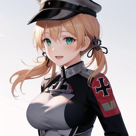 (masterpiece, best quality:1.2),illustration,8k,hd,1girl,solo,upper body,(portrait:1.2),hat,blonde hair,twintails,uniform,gloves,hair ornament,military uniform,anchor hair ornament,peaked cap,white gloves,low twintails,iron cross,breasts,smile,long sleeves,military hat,long hair,green eyes,aqua eyes,microskirt,black thighhighs,black skirt,pleated skirt,<lora:Prinz Eugen-V1:0.8>,