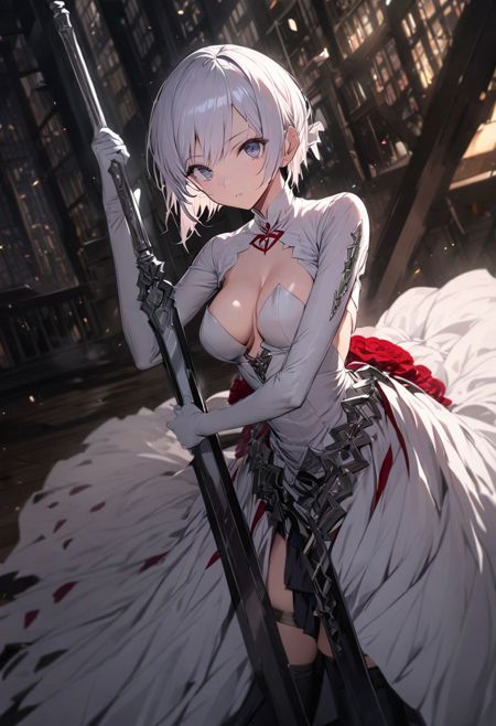 white eyes, white hair, small breast,  white dress, skirt, thighhighs, cleavage,flower,elbow gloves,white gloves,  black boots,