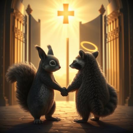 A dark-furred squirrel and a raccoon in glowing, ethereal forms stand side by side at the entrance of a grand, radiant gate symbolizing Heaven. The squirrel and raccoon hold hands, each with a small, soft halo above their heads, their expressions a mix of peaceful acceptance and gentle melancholy as they look back over their shoulders toward the viewer. The squirrel is 2/3 the size of the raccoon. The scene is illuminated with a soft, golden light, casting an otherworldly glow that enhances the warmth and calm of the moment. The gates behind them are open, revealing a hint of a tranquil, celestial landscape beyond, creating a touching, spiritual farewell.