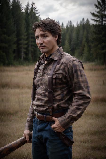 RAW photo, jtrudeau as a lumberjack, 8k uhd, dslr, high quality, film grain, Fujifilm XT3, <lora:justin_trudeau_5:0.6>, carrying an axe