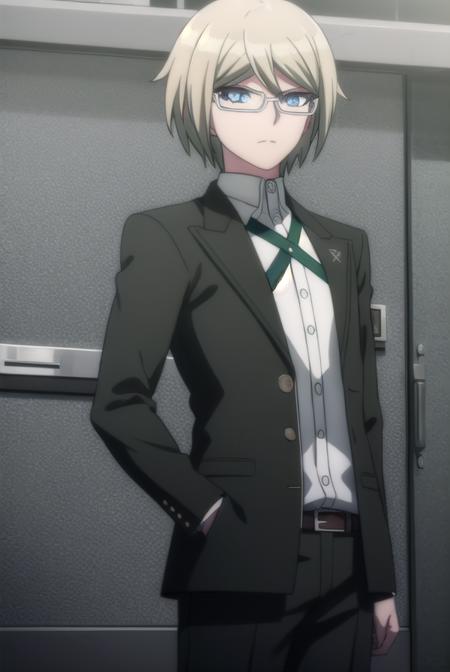 byakuyatogami, <lora:byakuya togami s1-lora-nochekaiser:1>,
byakuya togami, short hair, bangs, blue eyes, blonde hair, male focus, glasses, semi-rimless eyewear,
BREAK shirt, long sleeves, jacket, white shirt, open clothes, glasses, collared shirt, belt, pants, open jacket, black jacket, dress shirt, black pants, black belt, shirt tucked in, brown belt,
BREAK outdoors, classroom,
BREAK looking at viewer, (cowboy shot:1.5),
BREAK <lyco:GoodHands-beta2:1>, (masterpiece:1.2), best quality, high resolution, unity 8k wallpaper, (illustration:0.8), (beautiful detailed eyes:1.6), extremely detailed face, perfect lighting, extremely detailed CG, (perfect hands, perfect anatomy),