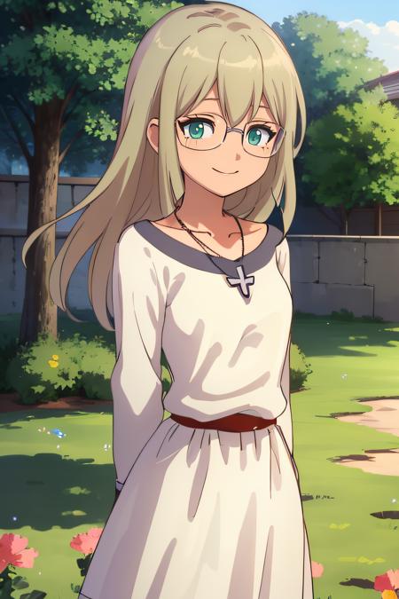 (masterpiece:1.2), best quality, high resolution, unity 8k wallpaper, (illustration), extremely detailed face, perfect lighting, extremely detailed CG, beautiful detailed eyes, 1girl, solo, <lora:Jeanne_Inazuma:0.8>, jeanne, standing, cowboy shot, smile, necklace, glasses, looking at viewer, green eyes, dress, frontal view, arms behind back, field of flowers, outdoor