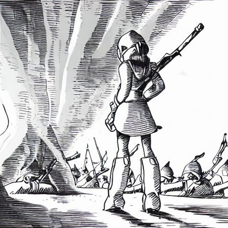 NauSKaaValOfWi, monochrome, weapon, greyscale, sword, 1girl, boots, hat, gun, 1boy, standing, helmet, skirt