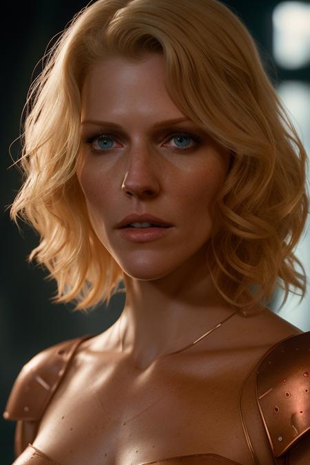 Tricia Helfer, RAW photo, [gorgeous redhead female freckles humanoid|red robot dress female terminator:0.2] looking to camera standing in a ghotic cathedral, <lora:Tricia Helfer:0.7> full body 8k unity render, action shot, skin pores, detailed intricate iris, very dark lighting, heavy shadows, detailed, detailed face, (vibrant, photo realistic, realistic, dramatic, dark, sharp focus, 8k), (weathered greasy dirty damaged old worn technician worker outfit:1.1), (intricate:1.1), (highly detailed:1.1), , octane render, artstation, concept art, smooth, sharp focus, , art by artgerm, (loish:0.23), wlop ilya kuvshinov., (global illumination, studio light, volumetric light) <lora:epicdiffusionLora300_epicdiffusionLora300:0.4>