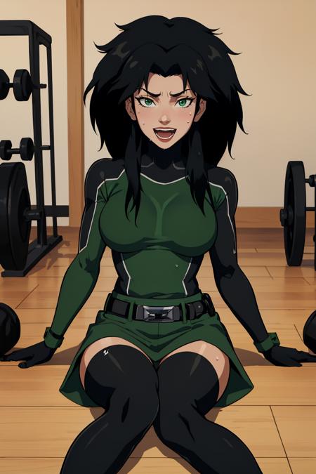 (masterpiece, best quality:1.2), <lora:cheshire:.9>, cheshire, 1girl, solo, black hair, green eyes, belt, hair tubes, long hair, breasts, large breasts, gloves, cosplay, black gloves, bodysuit, thighhighs, looking at viewer, sweat, smile, sitting, indoors, gym, open mouth, blurry,