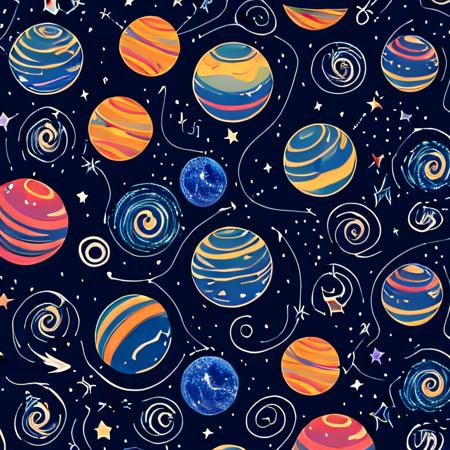 sympattern, vibrant coorful doodle pattern wallpaper, starry sky, planets and moons