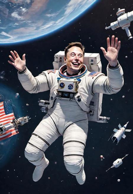 Elon Musk floating in space, space station, in the style of playful cartoon illustrations, space art, realistic and hyper-detailed renderings, interactive media, patriotic, realistic, detailed rendering, joyful chaos