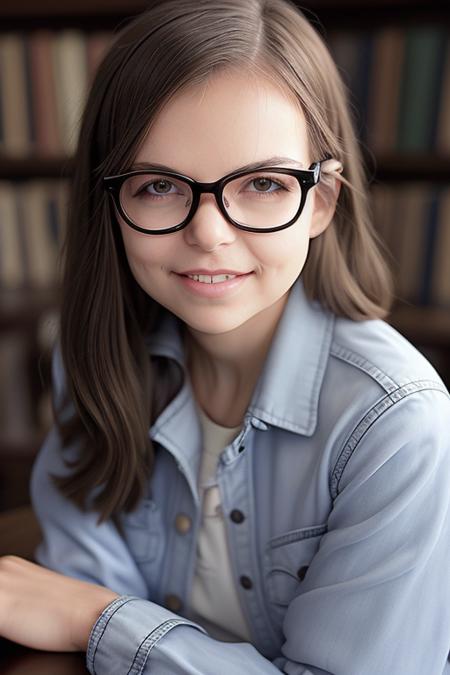 a photo of AM096_Carre, 25 years old woman in (thick frame glasses) weared (long-sleeve shirt and jacket:1.2) sitting at the table in the library, pretty face, close up, <lora:LowRA:0.3>, (intricate details:0.9), (hdr, hyperdetailed:1.2), (natural skin texture, hyperrealism, soft light, sharp)