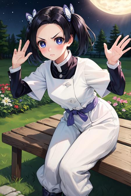 masterpiece, best quality, highres,
AoiDef, 1girl, solo, breasts, blush, short hair, bangs, blue eyes, black hair, hair ornament, twintails, v-shaped eyebrows, parted bangs, frown, bright pupils, white pupils, butterfly hair ornament, kanzaki aoi \(kimetsu no yaiba\), 
long sleeves, dress, white dress, jacket, short sleeves, white dress, layered sleeves, short over long sleeves, purple pants, demon slayer uniform, kimetsu no yaiba,
sitting, leaning forward, waving, waving arms, outdoors, forest, field, night, night sky, darkness, starry sky, <lora:LoRA_Aoi:1>