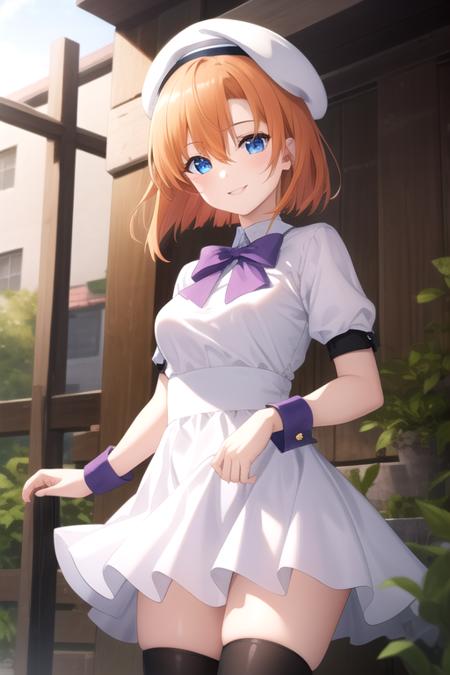 ((masterpiece)),(best quality),official art,extremely detailed CG,unity 8k wallpaper,ultra detailed,beautiful detailed eyes,extremely detailed face,1girl,solo,cowboy shot,looking at viewer,facing viewer,smile,ryuuguu rena,white beret,orange hair,medium hair,hair between eyes,eyes visible through hair,blue eyes,blue collar,white dress,puffy short sleeves,purple bow,blue wrist cuffs,medium breasts,back bow,hip vent,black thighhighs,brown footwear,boots,medium breasts,<lora:Ryuuguu Rena(hnnk)>,