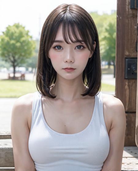 best quality, photorealistic, 8k, high res, full color, 1girl, woman, 20 years old woman, (closed mouth:1.73), (skindentation), (portrait:0.6), trees, park bench, daylight, ((park background:1.52)), full color, ((tanktop jersey:1.78)), looking at viewer:1.8, (1girl eyes looking at viewer:1.55), (medium hair, blackhair, partedbangs:1.45), (bokeh), <lora:AAV-miruV2:0.69>