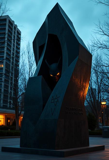 abstract sculpture, hidden monster, surreal urban setting, abstract form with sharp edges, mysterious shadow, monster blends into the sculpture, only recognizable in shadow, dynamic lighting, high contrast shadows, subtle movement, surreal proportions, dark and eerie atmosphere, detailed textures, intricate stone and metal design, urban park at dusk, glowing eyes peeking through the sculpture, shifting form as you pass by, haunting presence, humanoid monster, stone-like appearance, cryptic symbols etched into the surface, blending seamlessly with the environment, fantasy realism, eerie glow, hidden details, enigmatic design