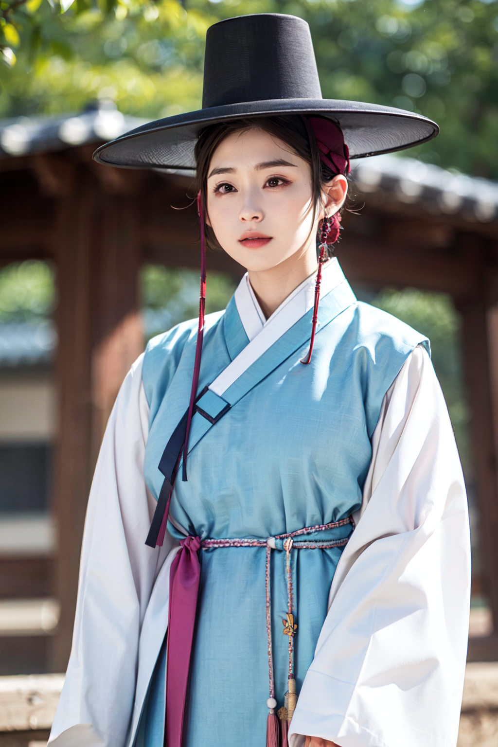 1girl, hanbok, hat, upper body, facedetail:1.5, oversized clothes, huge breasts:1.5, <lora:hanbok_m_v4:0.6>