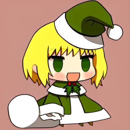 <lora:padoru-v1-000006:0.7>, :D. santa hat, chibi, padoru, blonde hair, green eyes