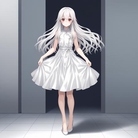 Yonagi,1girl,white hair,long hair,red eyes, black scrunchie, medium breasts, blue_jacket,white shirt, mini skirt, black_thighhighs,boots, white blouse,short_sleeves, black_skirt, Yonagi,1girl,white hair,straight hair,red eyes, medium breasts, white dress,