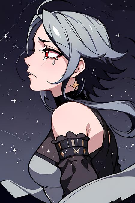 masterpiece, best quality, very detailed illustrations, starry sky background, flares, shooting stars, <lora:YanVK:0.5>, 1girl, solo, wgite short hair with long locks, facial mark, crescent, red eyes,   only face, profile, looking at the sky, tears, sad look