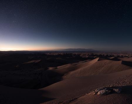 dark desert, landscape, massive blue star on the horizon view from high height, 18 mm lens, f/2, sharp focus, great image detail, cinematic lighting, ray tracing, ssao, HDR,
