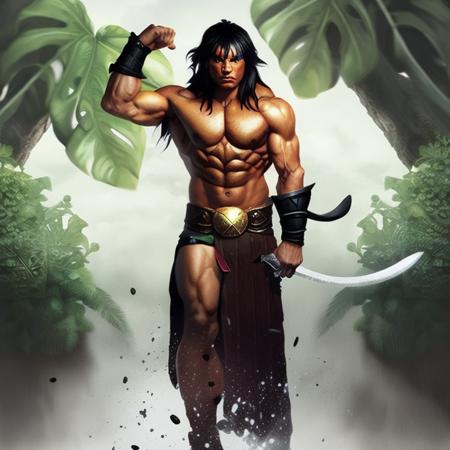 newhorrorfantasy_style, male barbarian, mesoamerican, jaguar pelt, tropical jungle