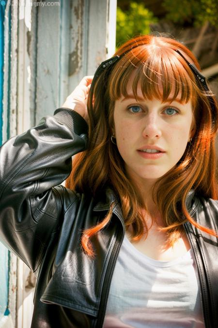 ChloeB wearing a leather jacket, <lora:ChloeB2_4576:1>, classy casual photograph, beautiful confident woman, t-shirt, long red hair with bangs, blue eyes