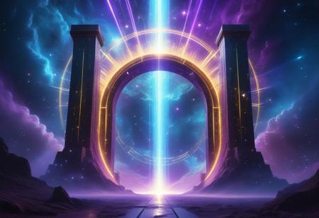 A dramatic and surreal sci-fi scene inspired by the lyrics 'I watched C-beams glitter in the dark near the Tannhäuser Gate.' The image features a vast cosmic backdrop, with shimmering, futuristic light beams (C-beams) glowing in vibrant hues of blue, violet, and gold. The Tannhäuser Gate is depicted as a mysterious, otherworldly portal or structure, emanating radiant energy and surrounded by swirling stars and nebulae. The scene has a sense of wonder and melancholy, with sharp and textured detail, science fiction