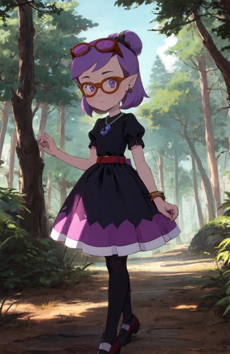 masterpiece, best quality, <lora:Amity_Blight SD1.5 V1.0:1> amity_blight, S2 hair, smile, short hair, dress, jewelry, closed mouth, standing, purple hair, short sleeves, flat chest, pantyhose, earrings, outdoors, pointy ears, puffy sleeves, belt, black dress, tree, puffy short sleeves, parody, sunglasses, nature, purple dress, forest, poke ball, style parody, tinted eyewear