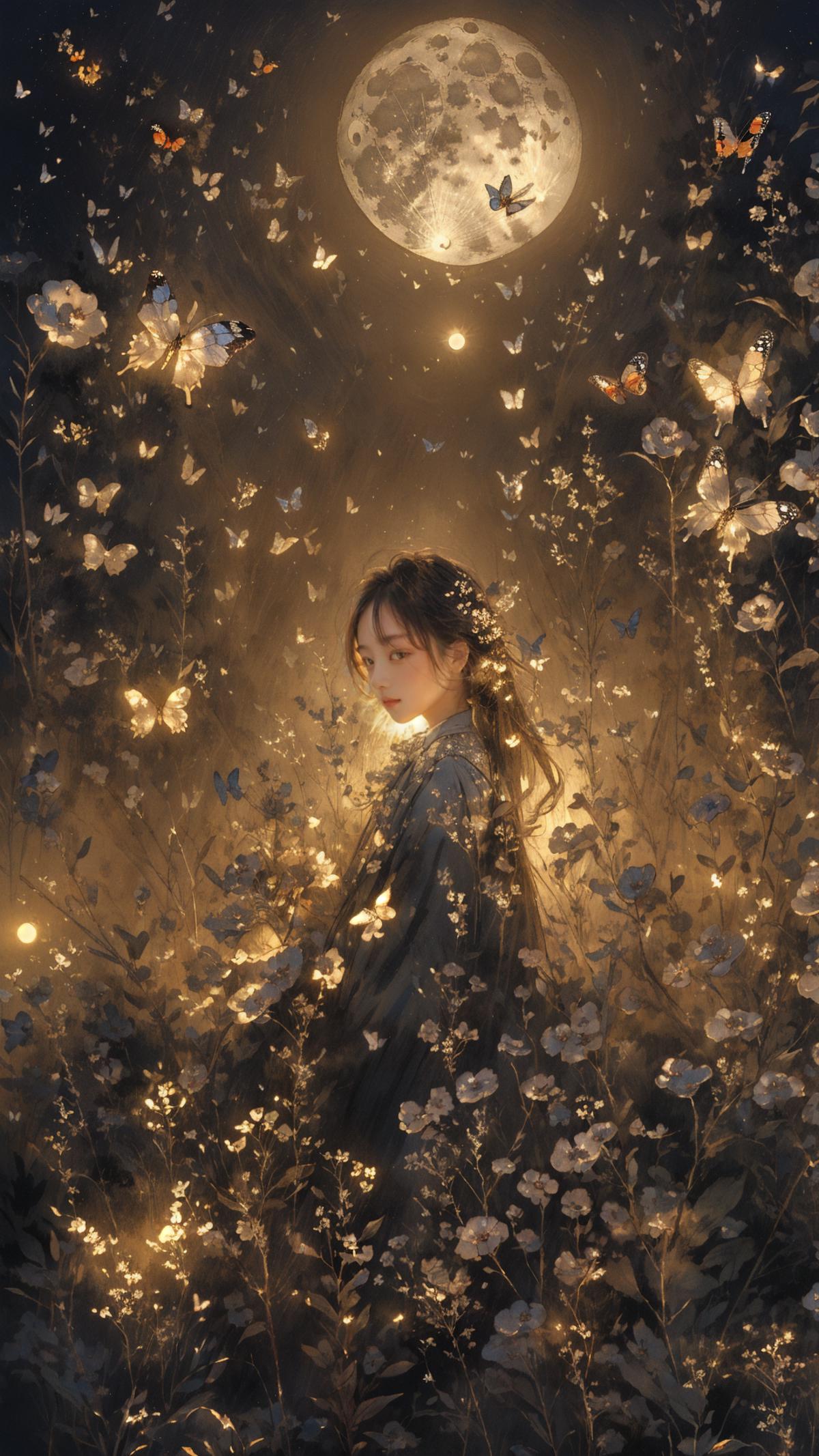 A young girl with flowers and butterflies all around her.