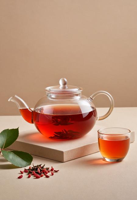 A glass teapot of wolfberry tea lies on oiled leaves and next to it is a small cup with some pink liquid, all against a light beige background. The overall composition creates a sense of luxury or a high-end brand image. It's very minimalist, but also visually appealing and elegant. There should be no visible text on product packaging, just subtle branding elements such as a minimalist-style logo or typography