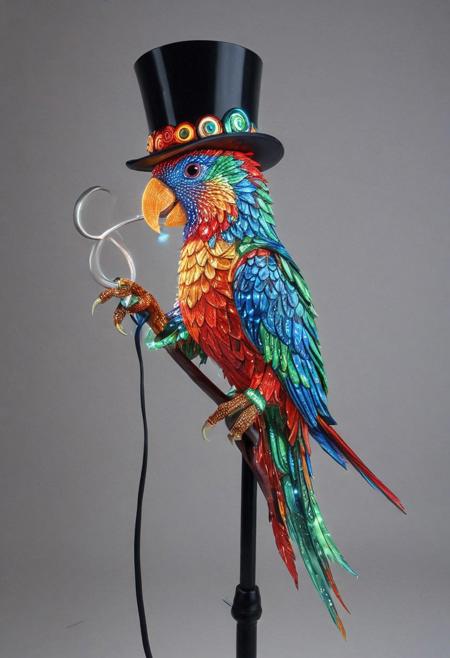 embedding:lazmpos, LED, colorful LED lights, RGB lights, red green and blue parrot, art deco, top hat, cane, monocle,RetroBG