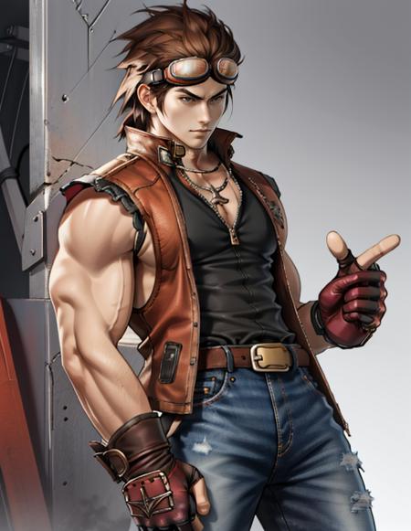 Hwoarang_Tekken, solo, brown hair, gloves, 1boy, male focus, belt, pants, fingerless gloves, vest, muscular, goggles, goggles on head, jeans, <lora:Hwoarang_Tekken:1>, red goggles, hair slicked back