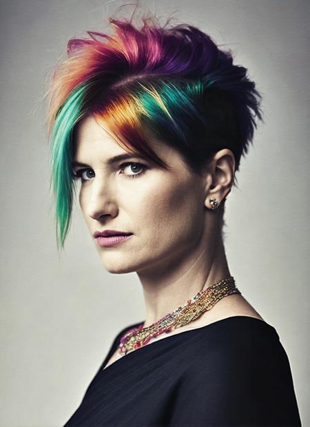 portrait of sks woman by Flora Borsi, style by Flora Borsi, bold, bright colours, rainbow Mohawk haircut, ((Flora Borsi)), <lora:locon_kathryn_v1_from_v1_64_32:1.25>