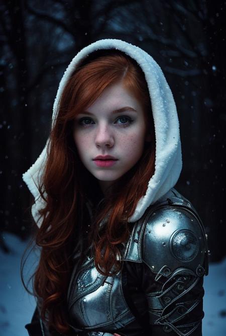 ginger, Artistic Portrait 18yo beautiful woman, perfect nose, perfect face, perfect, gorgerous, slim girl , Caucasian, white skin, white eyes,  snowstorm,  snow, wind, blizzard, light theme, steampunk outfit, black eyeliner, cinematic light, Night Photography, Light Beans, dramatic light, intricate details <lora:ginger_v03:0.6> <lora:steampunkengis_ss13_mech:1>