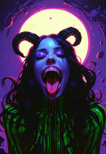 safe_pos, a woman resembling venom, Open mouth, tongue, shadow veiling her eyes, Long Hair, Horns, blushed smiling, Excited, Venom by Conrad Roset, pop art, pop surrealism, dark color graded, very detailed 3d effect, deep image visualisation, extreme depth of field, create a pop-art hyperpunk scene with desaturated dark yellow and neon-green details, colorful (polaroid:0.7) with vibrant colors, (vacations, high resolution:1.3), (small, selective focus, european film:1.2), (sexual advance:1.5), closeup As you close into the depths, the pristine white walls of an elongated Exoplanet base glisten in the moonlight. But as it enters into their exploration, Sultry boudoir photography, Portals ringed with colors extending beyond normal perception ultraviolets so deep they hurt to perceive,by Kuang Hong, Milton Glaser, Vector Art, landscape, Movie still, best quality, hair light, Slow Shutter Speed, Kodak UltraMax 400, Depth of field 270mm, digital art, rich colors
