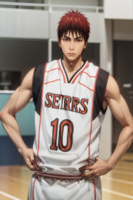 nsfw, (masterpiece, best quality:1.2), <lora:kb_kagami-10:1>, cowboy shot, solo, male focus, 1boy, kagami taiga, expressionless, (closed mouth:1.2), hand on hip, sportswear, basketball uniform, basketball court