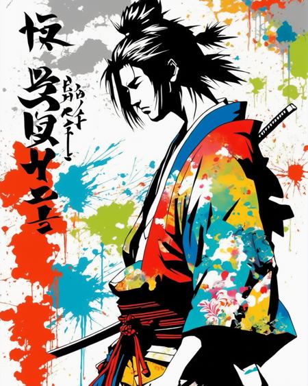 The perfect mix between the Japanese samurai style and the graffiti, color splash, 1boy, (2000s anime style:1.2), masterpiece