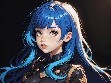 Female, sketch by Ilya Kuvshinov, long drak blue hair, black theme, black background