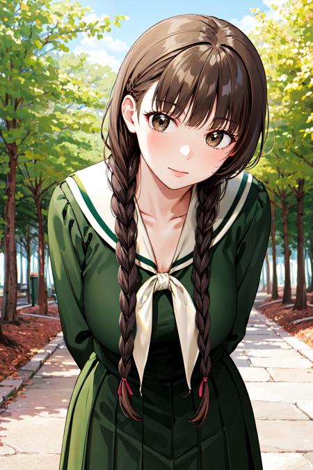 masterpiece, best quality, highres, aayoshino, long hair, twin braids, brown eyes, hair over shoulder, school uniform, sailor collar, neckerchief, green shirt, sailor shirt, long sleeves, green skirt, long skirt, <lora:shimazu_yoshino_v1:0.7>, leaning forward, arms behind back, outdoors, cowboy shot, standing