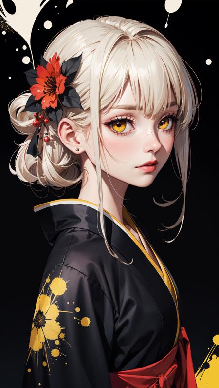 masterpiece,best quality,1 girl,kimono,(lycoris flower) in hair,highly detailed,high definition,hair intakes,(yellow ink and paint splatter),(marroon ink and paint splatter),(black ink, black paint splatter),watercolor,vibrant colors,octans,