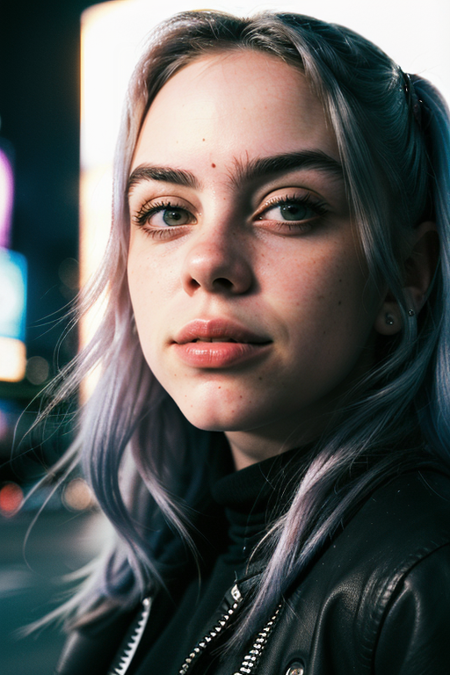 BillieEilish, ((detailed face, Times Square background, detailed background, cyberpunk, shadow, dramatic lighting, by Bill Sienkiewicz, bokeh, night, midnight, darkness))