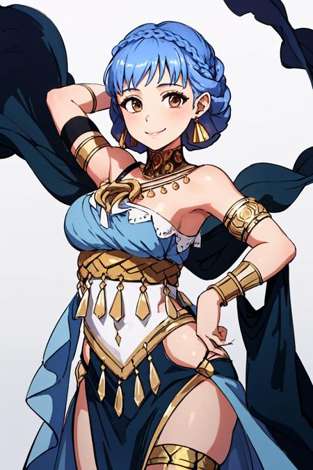 (masterpiece, best quality:1.2), solo, 1girl, marianneserene, smile, looking at viewer, dancing, crown braid, dancer, blue dress, pelvic curtain, earrings, armlet, shawl, bare shoulders <lora:fireemblem_marianne_v2-10:1>