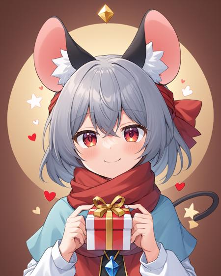 nazrin,1girl, solo, red_scarf, mouse_tail, valentine, heart-shaped_box, upper_body, long_sleeves, looking_at_viewer, mouse_girl, white_shirt, smile, blush, pendant, brown_background, capelet, animal_ear_fluff, happy_valentine, closed_mouth, heart, holding_gift, gift_box, box_of_chocolates, crystal, layered_clothes, chocolate
<lora:nazrin_image9511_2023-12-20-000006:1>,star-shaped_pupils,symbol-shaped_pupils,. gorgeous,key visual, vibrant, studio anime,award-winning, professional, highly detailed,high budget, cinemascope