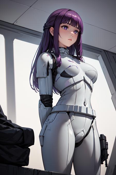 masterpiece, best quality, absurdres, 1girl, solo, StromTrooper, armor, <lora:StormTrooper:1>, <lora:Fern:0.8>, FernFrieren, very long hair, purple eyes, (purple pupils), arms behind back, expressionless, from below