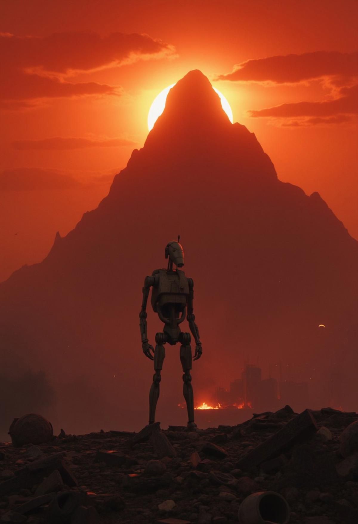 (7-B1 droid standing on mountain), A captivating dark fantasy scene featuring a colossal,surrounding energy. The remnants of a once-great civilization lie scattered at the foot of the mountain, adding to the sense of wonder and intrigue. The fiery orange and red sky creates a breathtaking backdrop, hinting at either a stunning sunset or a cataclysmic event. This conceptual art piece masterfully blends cinematic aesthetics and dark fantasy elements, immersing the viewer in a world of mystery and wonder., conceptual art, dark fantasy, cinematic