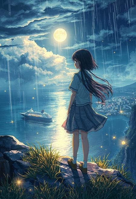 Vertical 9:16 cinematic anime scene, ultra-detailed 4K, in the style of “Weathering with You” key art: a lone girl in a rain-drenched school uniform standing on a windswept coastal cliff overlooking a moonlit sea and a softly glowing cruise ship anchored in the bay; her hair and skirt fluttering in a gentle ocean breeze; layers of textured clouds receding into depth above the horizon; distant neon city lights twinkling through mist along the shoreline; volumetric moonbeams piercing rain clouds, creating shifting light shafts; drifting golden feenstaub particles sparkling in the air around her, catching every beam of light; parallax-ready composition with rugged cliff grasses in crisp foreground, midground girl in sharp focus, background cruise ship and city softly blurred; hyper-detailed watercolor cel shading, wet rock gloss on surfaces, subtle bloom and film grain; strong sense of depth, motion, and enchanted atmosphere