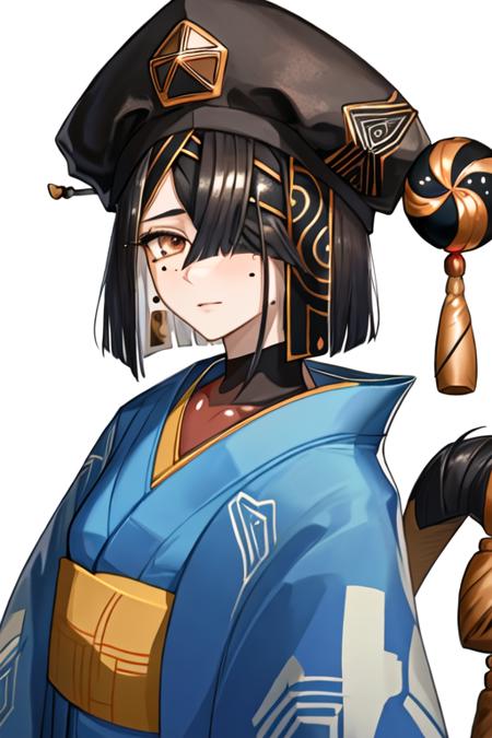 best quality, masterpiece, highres, solo, {yukata:1.40}, {kimono:1.20}, {xu_fu_fgo:1.15}, black_hair, hair_over_one_eye, mole, mole_under_eye, small_breasts, breasts, doll, hair_ornament, hat, blue_headwear, short_hair, hair_stick, character_doll, brown_eyes, tassel, straight_hair, medium_hair, hair_between_eyes, gem, bridal_gauntlets, upper_body