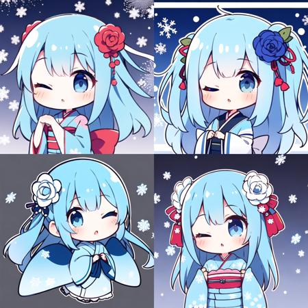 1girl, solo, blue eyes, one eye closed, chibi, blue hair, snowflakes, long hair, flower, hair ornament, japanese clothes, two side up, hair flower, kimono, rose, blue flower