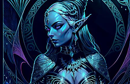 dark elf, Margot Robbie, malice, skulls, tendrils, dark atmosphere, greyscale, detailed linework, cinematic, psychedelic, black paper with vibrant turqoise line work, ornate, symmetrical, tarot card, highly detailed, ink illustration, style of peter mohrbacher, golden ratio  <lora:Dark Elf V2:1>