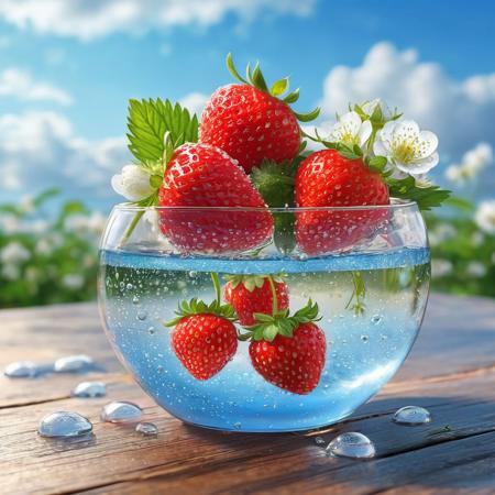 A beautiful pink red strawberry in 3D lies in a beautiful round glass in the transparent clear water, many iridescent air bubbles stick to the strawberry that glows from the inside, next to it lie delicate white and pink strawberry flowers with dew drops on a white antique wooden table, morning dew on the glass, in the background there is a bright blue sky with fluffy white clouds, professional photography, trending on artstation, breathtaking beauty, sharp focus, highly detailed