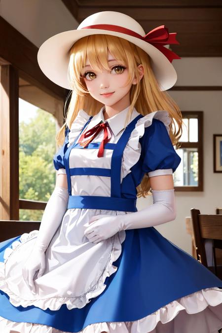 kana anaberal sun hat blue dress apron short sleeves ribbon elbow gloves